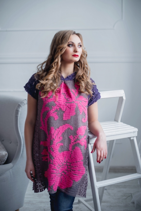 Льняное туника-платье "Филейная фантазия" в стиле колорблок, ручная работа, 100% лен